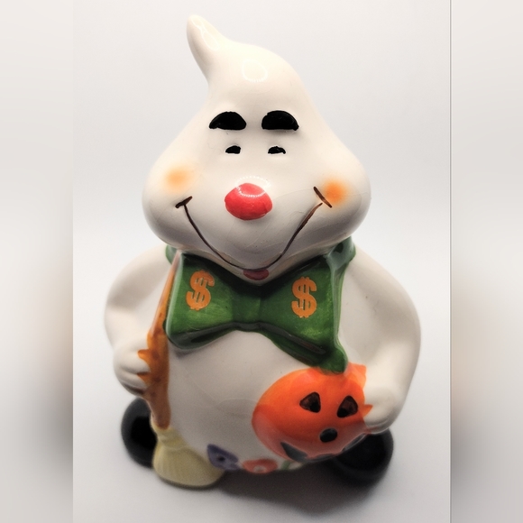 Halloween Ghost Penny Coin Bank 'BOO' Pumpkin Money Ceramic Broom Dollar Bill - Picture 1 of 7